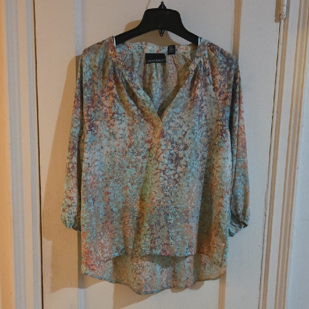 Cynthia Rowley Graphic Blue and Green 3/4 Sleeve Blouse